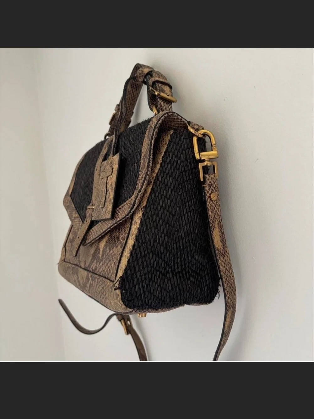 Tory Burch Black and Beige Snake-Trim Raffia Structured Satchel Handbag - Picture 6 of 6